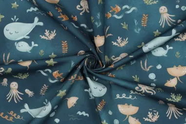 Poplin katoen stoffen - Katoen stof - poplin - digitaal zeedieren - petrol - 5184-011