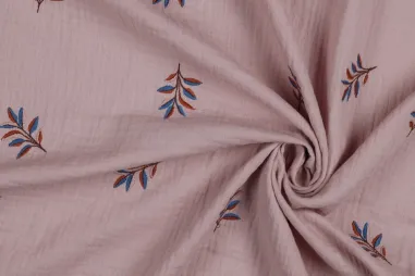 Oudroze stoffen - Embroidery stof - hydrofiel - bladeren - oudroze - 4381-002