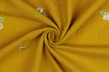 Bloemen motief stoffen - Embroidery stof - hydrofiel - bloemetjes - oker - 9604-011