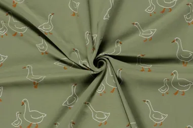Olijfgroene stoffen - Tricot stof - ganzen - olijfgroen - 23637-026