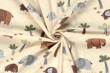 Oeko-Tex stoffen - Tricot stof - olifanten - ecru - 23619-052
