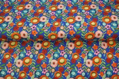 Bloemen motief stoffen - Tricot stof - digitaal bloemen - blauw - 25224-09