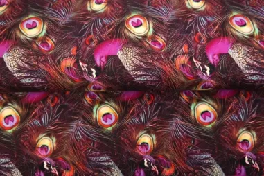 Paarse stoffen - Tricot stof - digitaal pauw - bordeaux multi - 25926-14