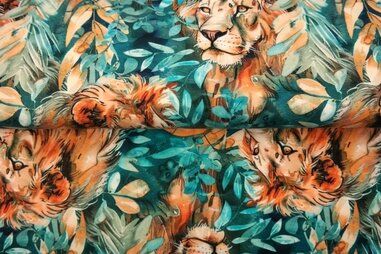 Turquoise stoffen - Tricot stof - digitaal leeuw - turquoise oranje - 25930-10