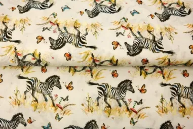 Witte stoffen - Katoen stof - poplin - digitaal zebra en vlinders - wit - 25111-02