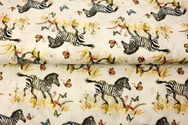 Zebraprint stoffen - Jersey - Popeline - digitales Zebra und Schmetterlinge - weiß - 25111-02