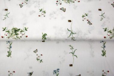 Poplin katoen stof - Baumwolle - Popeline - digitale Blumen und Schmetterlinge - weiß - 25114-02