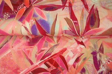 70% viscose, 30% linnen - Viscose stof - linnenmix - digitaal bladeren - rood multi - 25022-12 (LI)