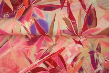 Stenzo stoffen uitverkoop - Viscose stof - linnenmix - digitaal bladeren - rood multi - 25022-12 (LI)