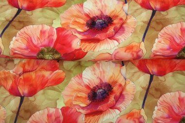 Bloemen motief stoffen - Viscose stof - digitaal klaprozen - oker rood - 25855-22 (VI)