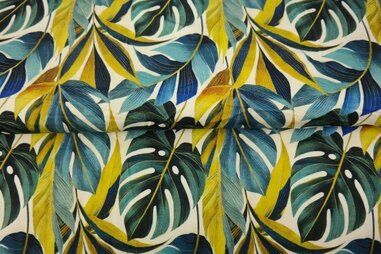 Jersey - Tricot stof - digitaal bladeren - geel blauw - 25981-09