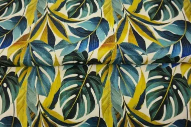 Uitverkoop - Tricot stof - digitaal bladeren - geel blauw - 25981-09VI