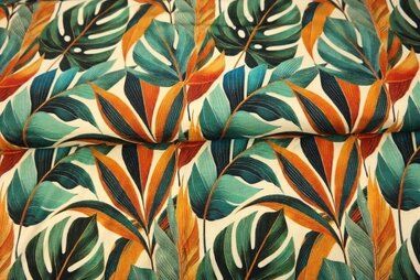 T-Shirt stoffen - Tricot stof - digitaal bladeren - groen oranje - 25981-10VI