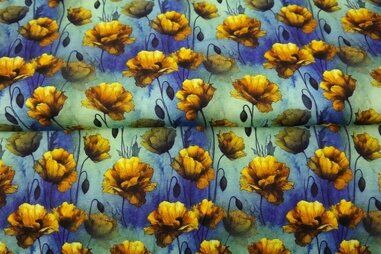 Bloemen motief stoffen - Tricot stof - digitaal bloemen - blauw geel - 25987-09VI