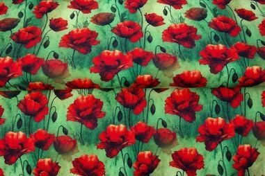 Bloemen motief stoffen - Tricot stof - digitaal bloemen - rood groen - 25987-10VI