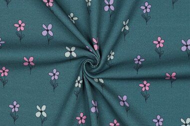 Bloemen motief stoffen - Tricot stof - fijne wafel - bloemetjes - petrol - 5074-002