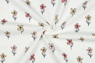 Tricot kinderstoffen - Tricot stof - fijne wafel - bloemetjes - gebroken wit - 5074-011