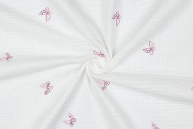 Aankleedkussen stoffen - Embroidery stof - hydrofiel - vlinders - wit - 3774-001