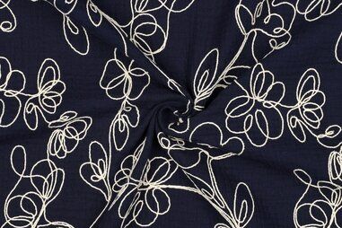 Donkerblauwe stoffen - Embroidery stof - hydrofiel - fantasie bloemen - donkerblauw - 3775-005