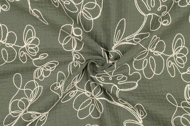 Luchtige zomerbroek - Embroidery stof - hydrofiel - fantasie bloemen - pickle - 3775-044