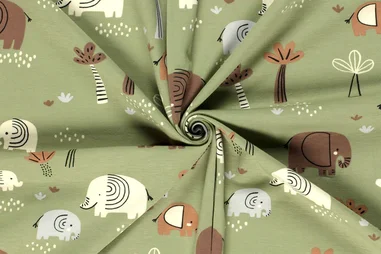 Rekbare stoffen - Tricot stof - olifanten - olijf - 23619-026