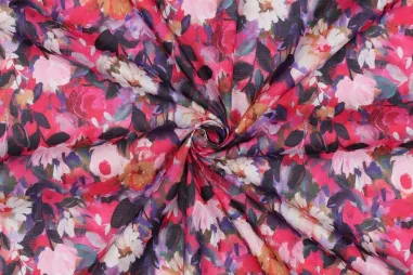 75gr/M² - Katoen stof - voile - digitaal bloemen - fuchsia - 5550-001