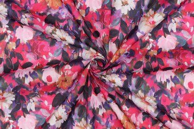 Verhees stoffen - Katoen stof - voile - digitaal bloemen - fuchsia - 5550-001