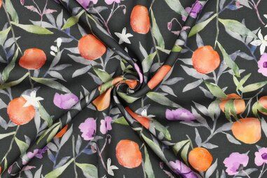 Donkergroene stoffen - Viscose stof - satijn - digitaal bladeren bloemen fruit - donkergroen - 5564-001