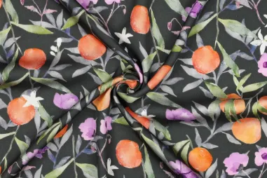 Fruit stoffen - Viscose stof - satijn - digitaal bladeren bloemen fruit - donkergroen - 5564-001