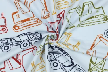 Voertuigen motief stoffen - Tricot stof - French Terry - werkvoertuigen - lichtblauw - 4137-006