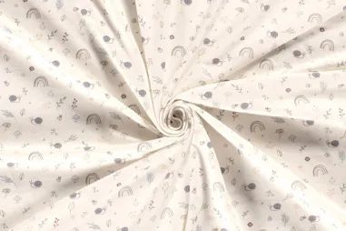 200gr/M² - Tricot stof - slakken, regenboog en takjes - gebroken wit - 25/21700-051