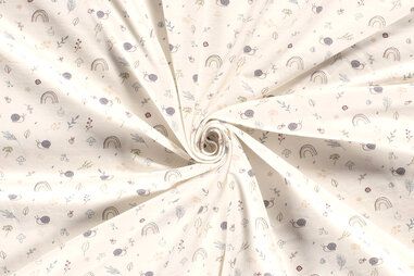 Tricot stoffen - Tricot stof - slakken, regenboog en takjes - gebroken wit - 25/21700-051