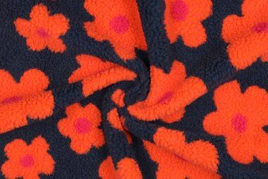 Jas stoffen - Teddy stof - bloemen - donkerblauw - 25/3716-002