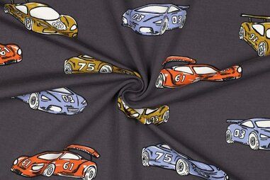Vest stoffen - Tricot stof - French Terry - raceauto's - grijs - 25/5055-007