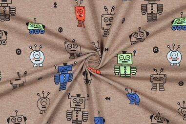 Kinderdruck - Tricot stof - melange - neon robots - taupe - 25/5120-016