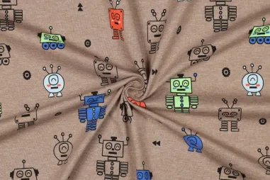 Poppy meets Pommé, editie 25 - Tricot stof - melange - neon robots - taupe - 25/5120-016
