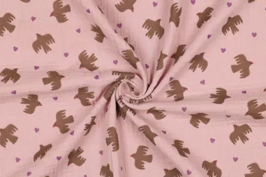 Poppy meets Pommé, editie 25 - Hydrofiel stof - vogels - zacht roze - 25/5154-015
