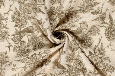 130gr/M² - Hydrofiel stof - bloemen en vogels - taupe - 23266-054