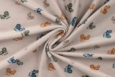 Voertuigen motief stoffen - Nicky velours stof - tractors - zand - 35507-520