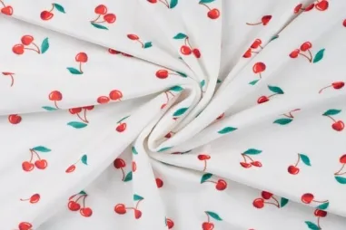 Tricot stof - French Terry - bloemetjes & vlinders - gebroken wit - 5720-002 - Nicky velours - kersen - gebroken wit - 35512-510
