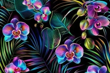 zwarte stoffen - Joggingstof - digitaal orchideeën - zwart multi - 62008-001