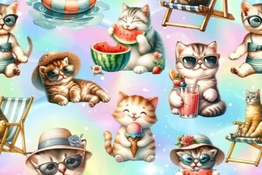 Zomer stoffen - Tricot stof - digitaal summer cats - multie - 50142-001