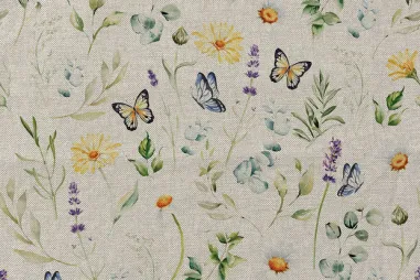 Deco stof - linnenlook - digitaal bladeren - olijfgroen - 1931-026 - Deco stof - linnenlook - digitaal bloemen en vlinders - naturel multi - 1925-026