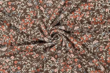 Nieuwe stoffen - Ribcord stof - corduroy - digitaal bloemetjes - bruin multi - 22241-100
