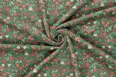 Badstof - dubbel gelust - olijfgroen - 2900-026 - Ribcord stof - corduroy - digitaal bloemetjes - groen multi - 22242-307