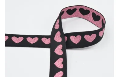 2,5 cm Gummi - Elastiek hartjes 25 mm - zwart roze - XET39-512-025