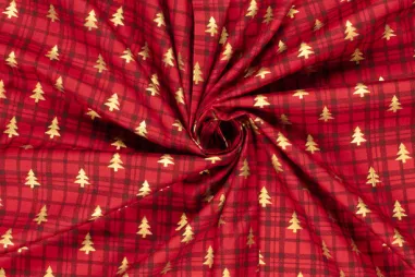 Kerst stoffen - Kerst katoen stof - poplin - folie kerstbomen - rood - 22700-015