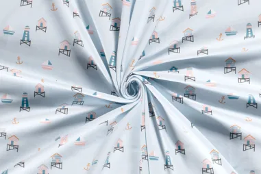 Mintblauwe stoffen - Tricot stof - vuurtorens en boten - mint - 19579-021