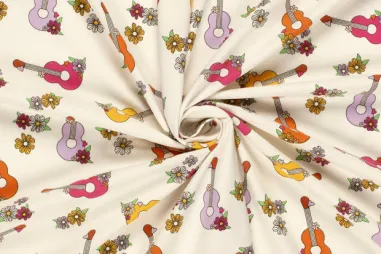 Nieuwe stoffen - Tricot stof - gitaren & bloemen - gebroken wit - 21814-051