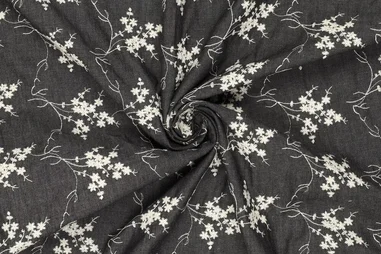 Bloemetjes stoffen - Denim stof - jeans embroidery 3.8 OZ - bloemen - zwart - 21911-999
